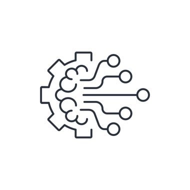 Elektronik beyin, işlemci. Dijital dönüşüm. Yapay zeka ile bilgi işleme. Elektronik düşünme. Beyaz arkaplanda izole edilmiş vektör doğrusal simgesi.