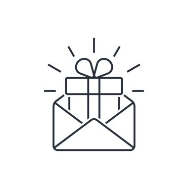 Bir zarf içinde hediye. Beyaz arkaplanda izole edilmiş vektör doğrusal simgesi.