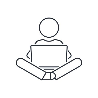 Sıradan bir atmosferde dizüstü bilgisayarla oturan bir adam. Bilgi işlem, dış kaynak. Uzaktan kumanda. Serbest çalışan biri. Beyaz arkaplanda izole edilmiş vektör doğrusal çizim.