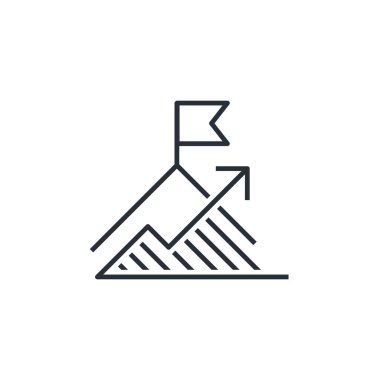 Hedefi bayrak ve ilerleme çizelgesi olan dağ, başarı. Planların uygulanması, yükümlülükler. Başarıya doğru ilerliyoruz. Beyaz arkaplanda izole edilmiş vektör doğrusal simgesi.