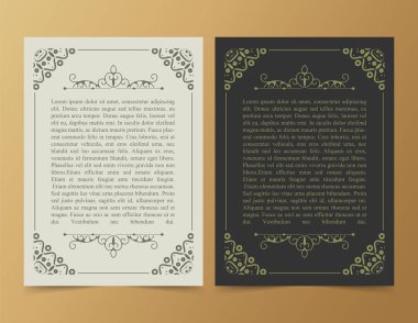 Vintage süs tebrik kartı vektör şablonu. Retro düğün davetiyesi, reklam ya da başka bir tasarım ve metin için yer. Süslü çerçeve ve şablon arkaplanı zenginleştirir.