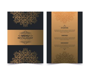 Süslü mandala elementleriyle altın menü düzeni