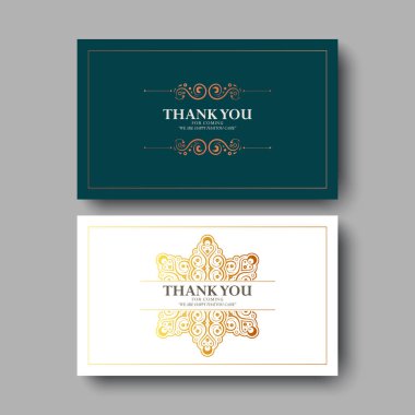 Altın dekoratif elementlerle donatılmış beyaz ve deniz mavisi teşekkür kartları.