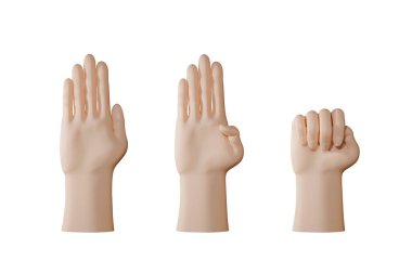 3D rendering of hand signal for help isolated on white background. There are 3 steps starting from left to right.