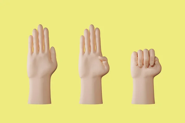 3D rendering of hand signal for help isolated on yellow background. There are 3 steps starting from left to right.