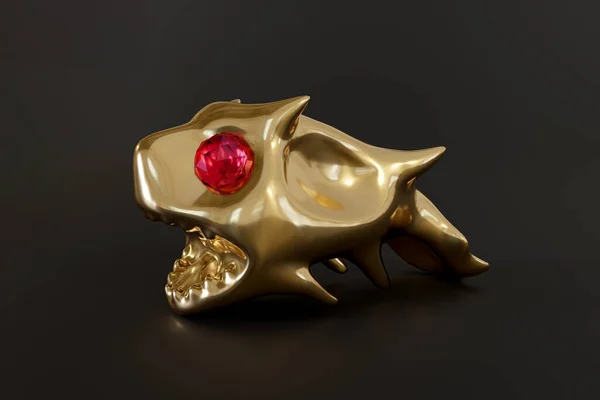 3D rendering of the gold monster fish statue with red diamond eyes on the background.