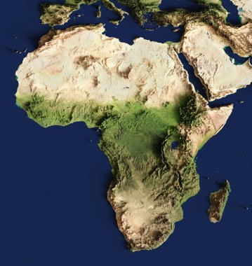 Afrika 'nın son derece detaylı bir haritasının üç boyutlu çizimi. Bu görüntünün elementleri NASA tarafından desteklenmektedir.