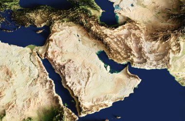 Orta Doğu 'nun son derece detaylı bir haritasının 3D çizimi. Bu görüntünün elementleri NASA tarafından desteklenmektedir.