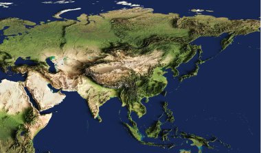 Asya 'nın son derece detaylı bir haritasının 3D çizimi. Bu görüntünün elementleri NASA tarafından desteklenmektedir.
