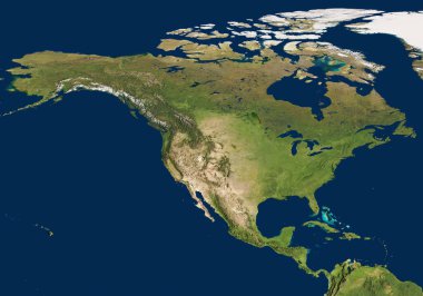 Kuzey Amerika 'nın son derece detaylı bir haritasının 3 boyutlu çizimi. Uydu görüntüsü. Geliştirilmiş aydınlatma ve gölgeler. 