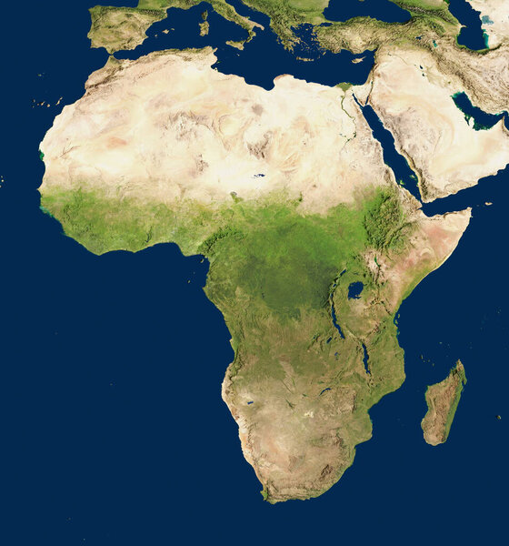 3D illustration of a highly detailed map of Africa. Satellite view. Improved lighting and shadows.