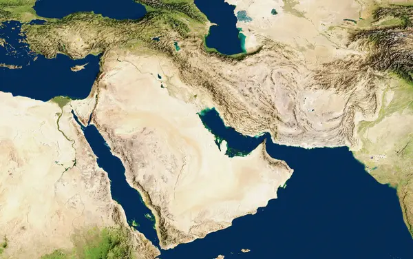 3D illustration of a highly detailed map of the Middle East. Satellite view. Improved lighting and shadows.
