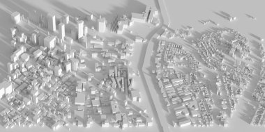 Los Angeles şehir manzarasının 3 boyutlu görüntüsü. Los Angeles 'ın havadan görünüşünün 3 boyutlu çizimi.
