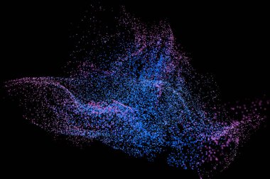 Siyah arkaplan üzerinde renkli parçacıklar etkisi. Mavi ve pembe parçacıklar koyu bir arkaplanda yüzerler. Soyut arkaplan.