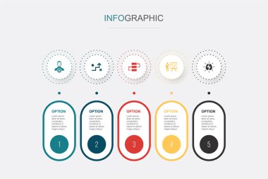 Yönetici, Strateji, Eylem Planı, Proje Planlama, Beyin fırtınası simgeleri Infographic tasarım şablonu. 5 adımlı yaratıcı kavram