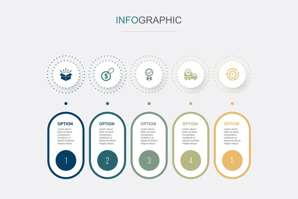 Product Price Quality Delivery Efficiency Icons Plantilla Diseño Infográfico Concepto — Archivo Imágenes Vectoriales