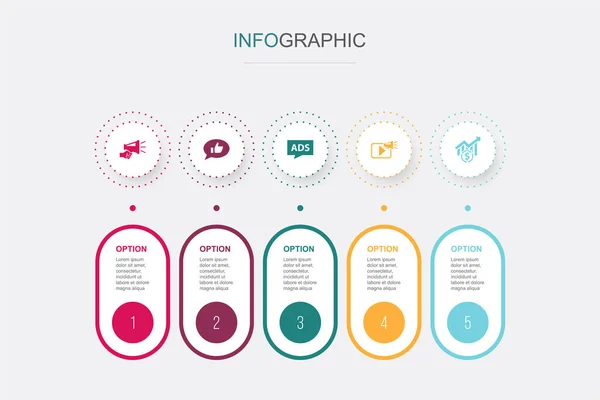 Promotion Soziale Medien Werbung Videoförderung Verkaufssymbole Infografik Design Vorlage Kreatives — Stockvektor