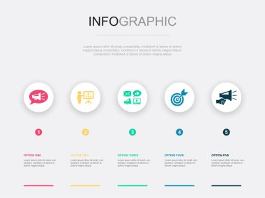 Sosyal tanıtım, planlama, reklam kanalı, hedef, promosyon ikonları Infographic tasarım şablonu. 5 adımlı yaratıcı kavram