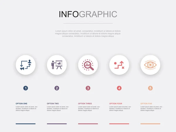 Plan Publicitario Marketing Análisis Estrategia Iconos Visión Plantilla Diseño Infográfico — Vector de stock