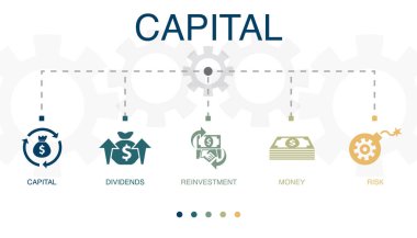 Sermaye, kar payları, yeniden yatırım, para, risk simgeleri Infographic tasarım şablonu. 5 adımlı yaratıcı kavram