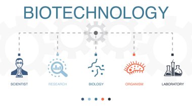 Bilim adamı, araştırma, biyoloji, organizma, laboratuvar ikonları Infographic tasarım şablonu. 5 adımlı yaratıcı kavram