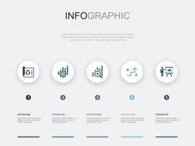 proje, işletim, araştırma, strateji, pazarlama simgeleri Infographic tasarım şablonu. 5 adımlı yaratıcı kavram