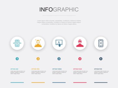 Artırılmış gerçeklik, Yüz Tanıma, Etkileşimli Video, Sanal Gerçeklik, AR uygulama simgeleri Infographic tasarım şablonu. 5 adımlı yaratıcı kavram