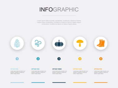 Çam kozalağı, rüzgar, balkabağı, mantar, bot simgeleri Infographic tasarım şablonu. 5 adımlı yaratıcı kavram