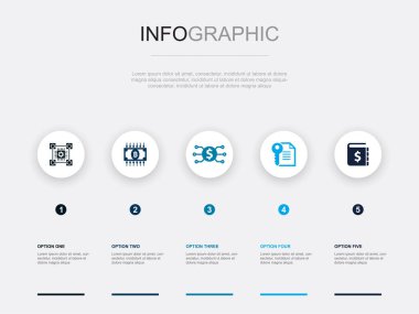 Engelleme teknolojisi, kripto para birimi, dijital para birimi, akıllı sözleşme, hesap defteri simgeleri Infographic tasarım şablonu. 5 adımlı yaratıcı kavram