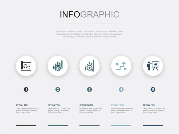Projekt Działanie Badania Strategia Ikony Marketingowe Szablon Projektu Infograficznego Kreatywna — Wektor stockowy
