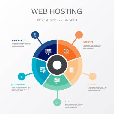 internet, sunucu, FTP, site yedekleme, veri merkezi simgeleri Infographic tasarım şablonu. 5 adımlı yaratıcı kavram