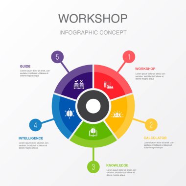 Atölye, motivasyon, bilgi, zeka, kılavuz simgeler Infographic tasarım şablonu. 5 adımlı yaratıcı kavram