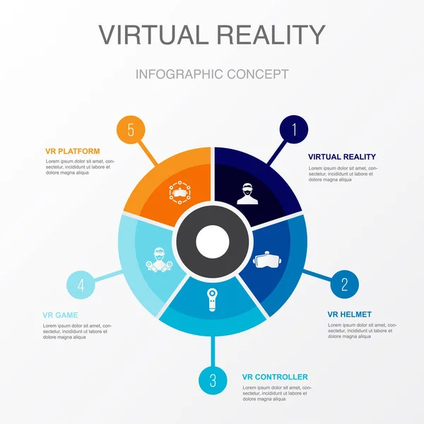 Stock vector virtual reality, VR helmet, VR controller, VR game, VR platform icons Infographic design template. Creative concept with 5 steps