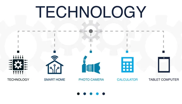 Technologie Smart Home Fotokamera Taschenrechner Tablet Computer Symbole Infografik Design — Stockvektor