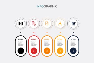 Ücretsiz Giriş, Bekleme Listesi, Uygulama, Karar, Başarı simgeleri Infographic tasarım şablonu. 5 adımlı yaratıcı kavram