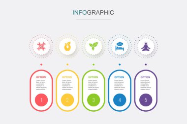 Biyohack, organik gıda, detoks, sağlıklı uyku, meditasyon ikonları Infographic tasarım şablonu. 5 adımlı yaratıcı kavram