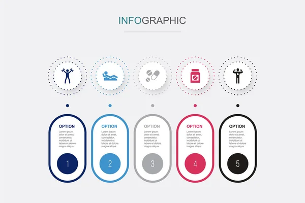 Spor Rahatlama Haplar Ilaçlar Hidrat Ikonları Infographic Tasarım Şablonu Adımlı — Stok Vektör