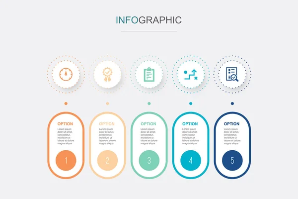 Indicator Kwaliteit Maatstaven Strategie Evaluatie Pictogrammen Infographic Design Template Creatief — Stockvector