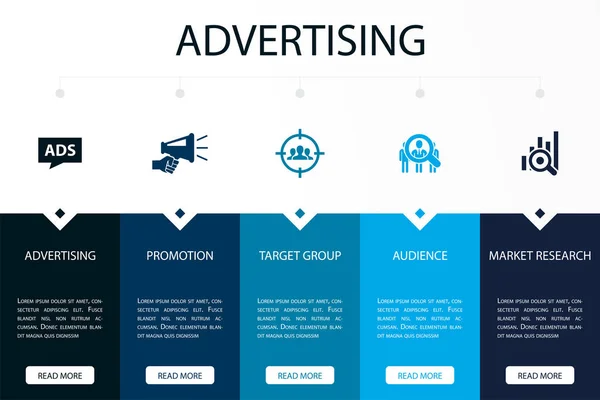Διαφήμιση Προώθηση Ομάδα Στόχος Κοινό Αγορά Έρευνα Εικονίδια Infographic Πρότυπο — Διανυσματικό Αρχείο
