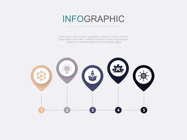 Hizmet Yenilik Başlatma Geliştirme Yönetim Simgeleri Infographic Tasarım Şablonu Adımlı — Stok Vektör