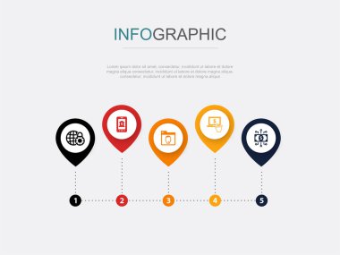 Çevrimiçi güvenlik, bankacılık uygulaması, çevrimiçi destek, çevrimiçi kredi, dijital para simgeleri Infographic tasarım şablonu. 5 adımlı yaratıcı kavram