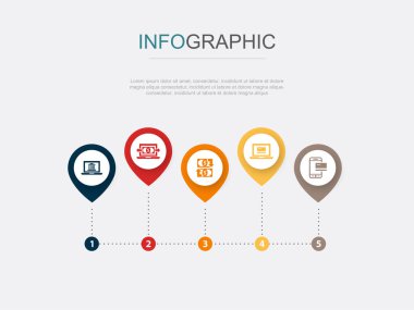 Çevrimiçi bankacılık, çevrimiçi işlem, para transferi, çevrimiçi ödeme, mobil bankacılık simgeleri Infographic tasarım şablonu. 5 adımlı yaratıcı kavram