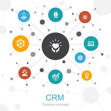 Simgelerle birlikte CRM modayı takip eden web konsepti. Bu tür simgeleri içerir. Müşteri, yönetim, ilişki, hizmet