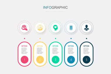 Kaynaklar, pazar, samimiyet, mobil güvenlik, online gizlilik simgeleri Infographic tasarım şablonu. 5 adımlı yaratıcı kavram