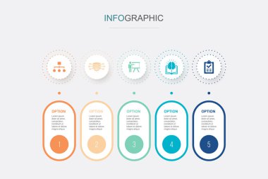 Sınıflandırma, veri işleme, eğitim, bilgi, sonuç simgeleri Infographic tasarım şablonu. 5 adımlı yaratıcı kavram