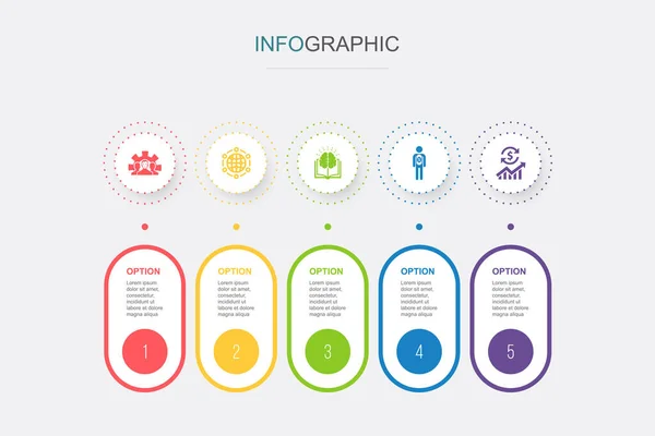 Ontwikkeling Globale Oplossing Kennis Investeerder Economie Iconen Infographic Design Template — Stockvector