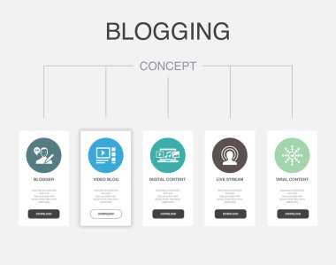 Blogger, video blogu, dijital içerik, canlı yayın, viral içerik simgeleri Infographic tasarım şablonu. 5 adımlı yaratıcı kavram