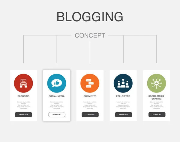 stock vector blogging, social media, Comments, followers, Social Media Sharing icons Infographic design template. Creative concept with 5 steps