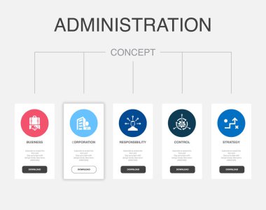 İş, şirket, sorumluluk, kontrol, strateji ikonları Infographic tasarım şablonu. 5 adımlı yaratıcı kavram