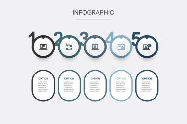 Online kayıt, koçluk, elkazanımcılık, video iletişimi, online eğitim simgeleri Infographic tasarım şablonu. 5 adımlı yaratıcı kavram
